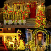 Decorated house exterior with Christmas lights, wreaths, and festive decorations.